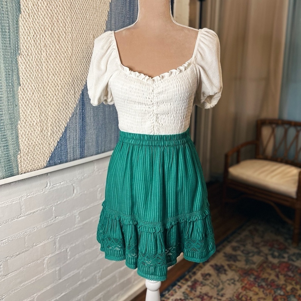 Urban Outfitters Green Striped Tiered Lacey Ruffle Mini Skirt